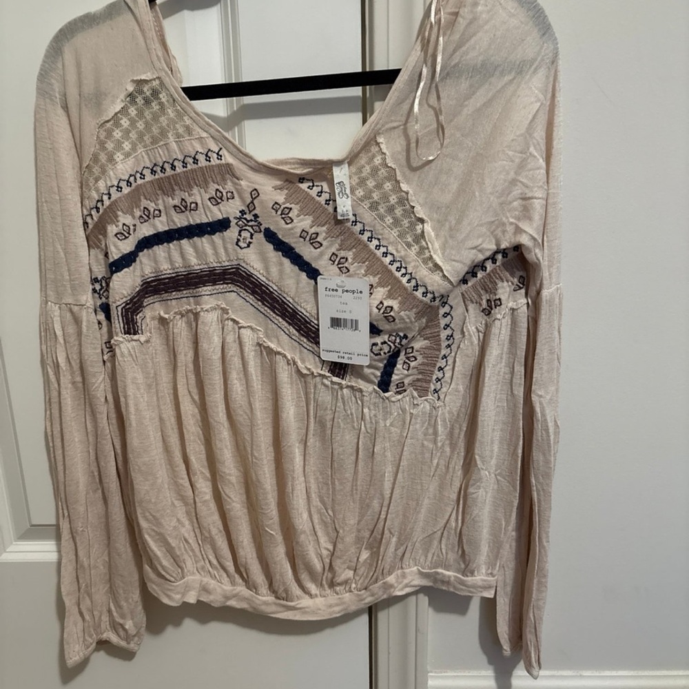 Free People Embroidered Blouse in Cream and Blue